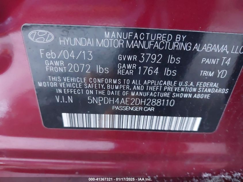 VIN 5NPDH4AE2DH288110 2013 HYUNDAI ELANTRA no.9