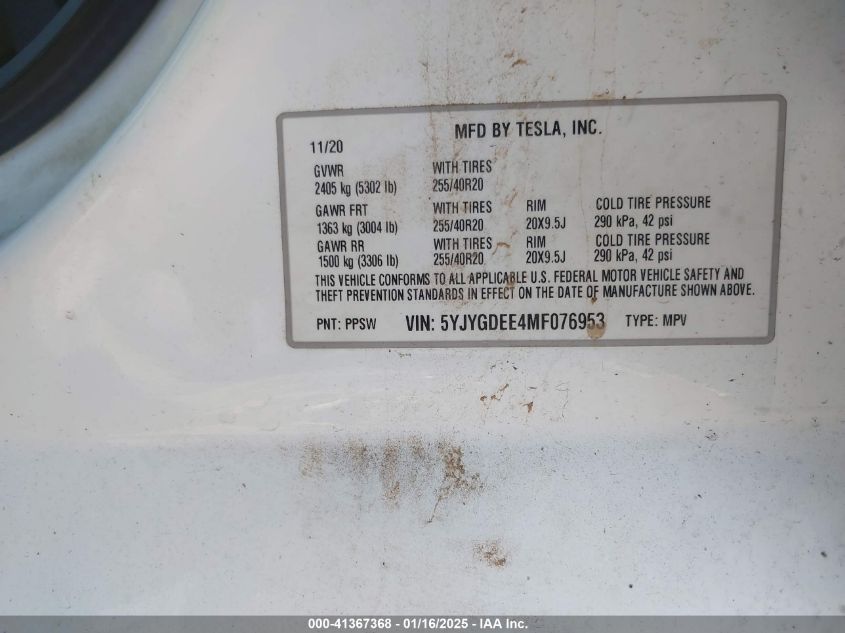 VIN 5YJYGDEE4MF076953 2021 TESLA MODEL Y no.9