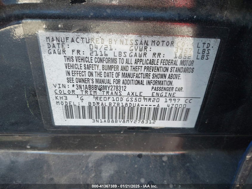 2021 NISSAN SENTRA VIN: 3N1AB8BV8MY278312