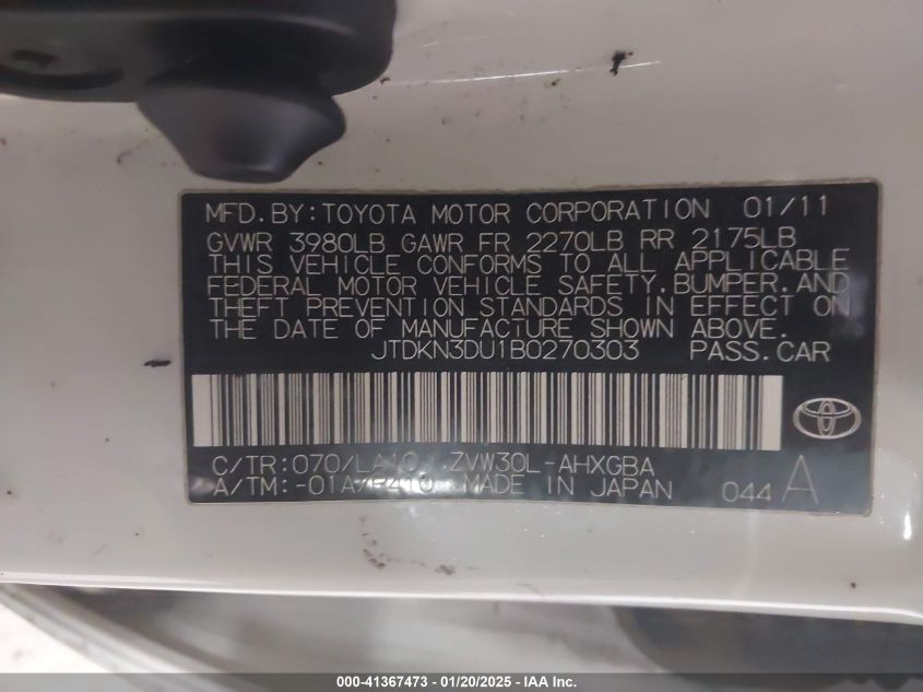 2011 Toyota Prius Four VIN: JTDKN3DU1B0270303 Lot: 41367473