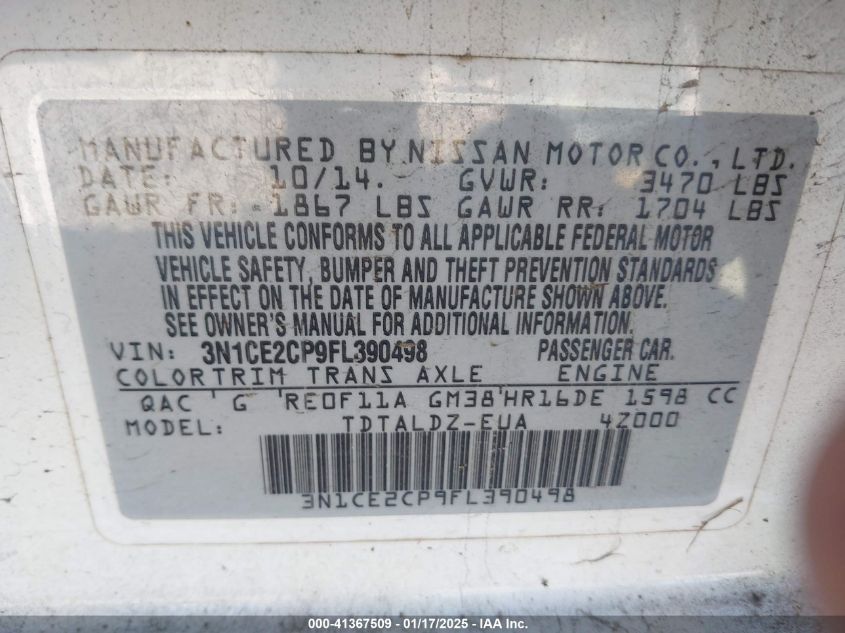 VIN 3N1CE2CP9FL390498 2015 Nissan Versa, Note S (sr... no.9