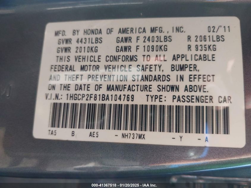 2011 Honda Accord 2.4 Ex-L VIN: 1HGCP2F81BA104769 Lot: 43402873