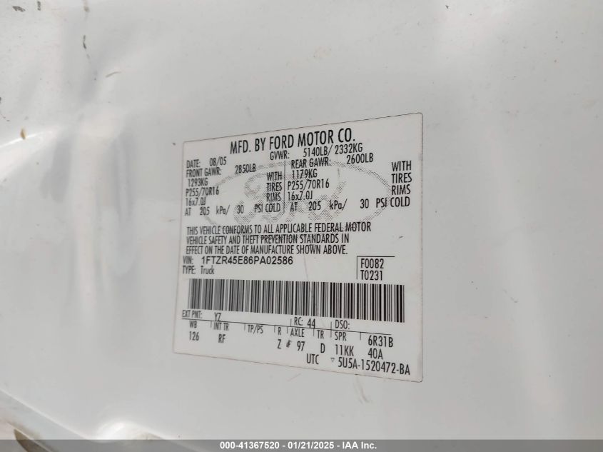 2006 Ford Ranger Fx4 Level Ii/Fx4 Off-Road/Sport/Xlt VIN: 1FTZR45E86PA02586 Lot: 41367520