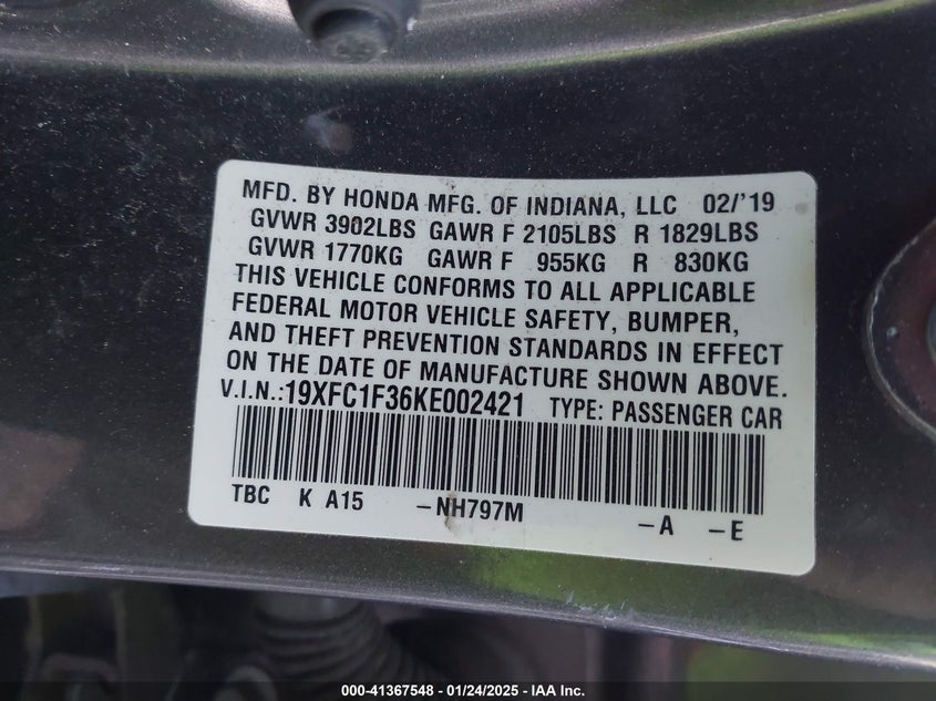 2019 HONDA CIVIC VIN: 19XFC1F36KE002421