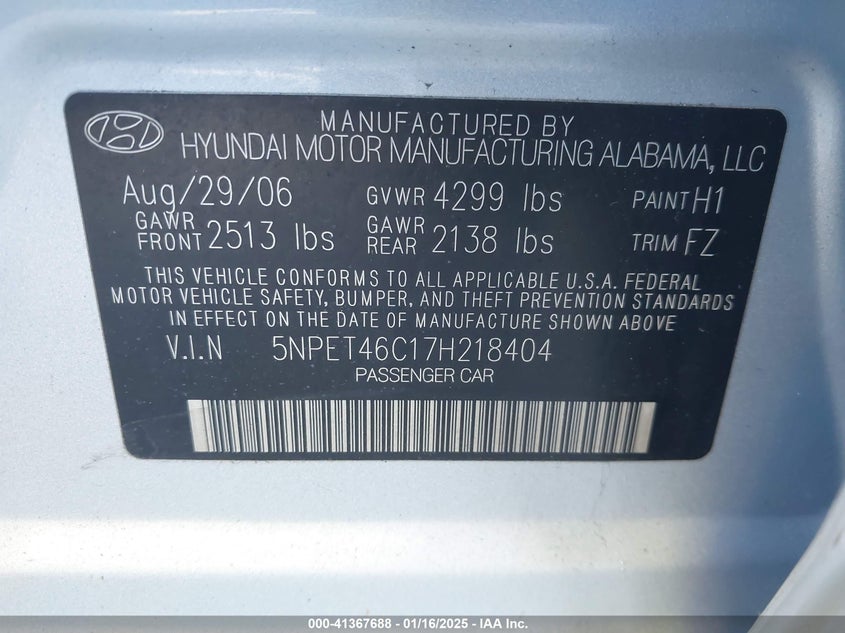 2007 HYUNDAI SONATA VIN: 5NPET46C17H218404