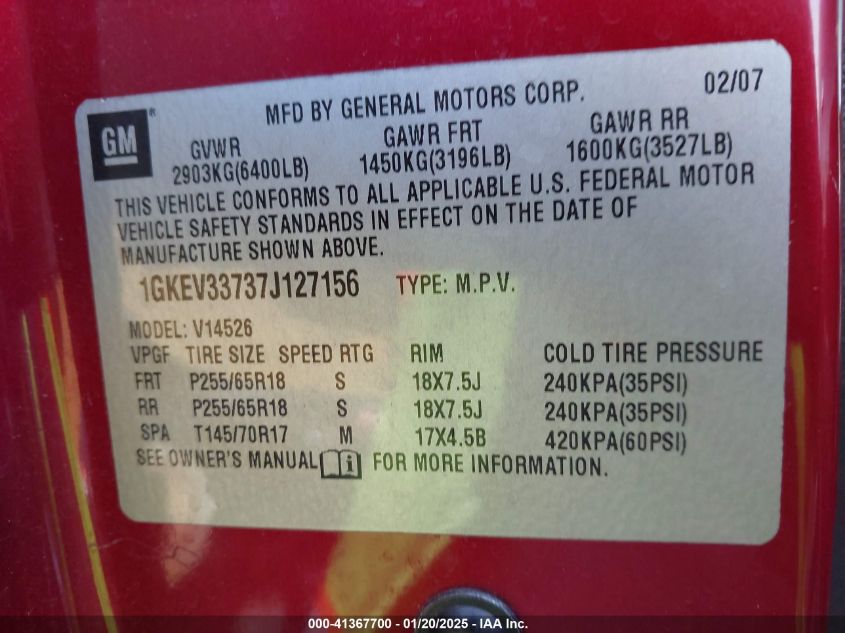 2007 GMC Acadia Slt-1 VIN: 1GKEV33737J127156 Lot: 41367700