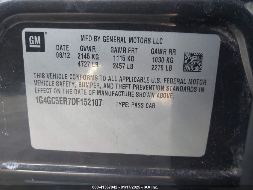 2013 BUICK LACROSSE VIN: 1G4GC5ER7DF152107