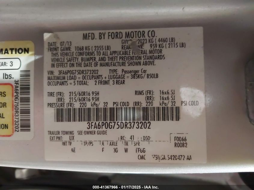 2013 FORD FUSION S - 3FA6P0G75DR373202