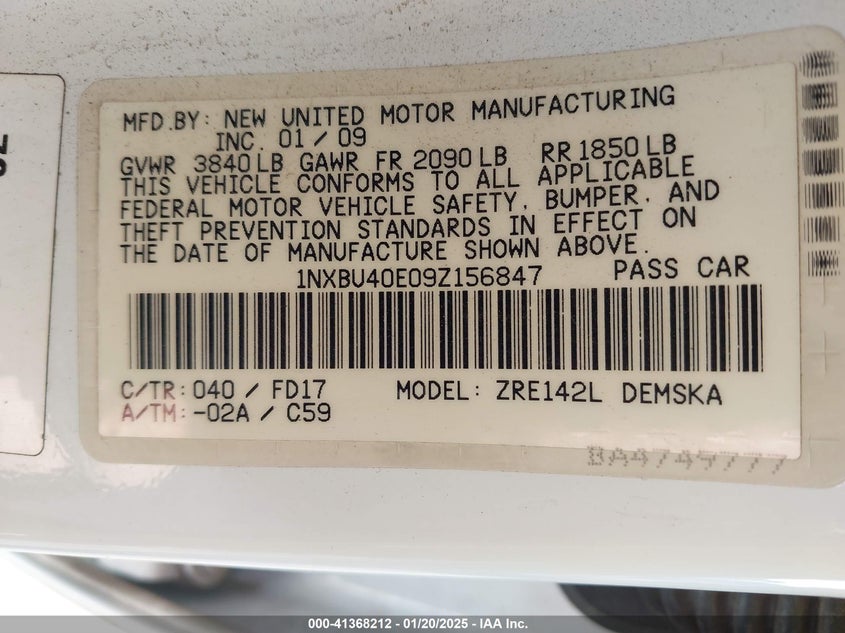 2009 TOYOTA COROLLA VIN: 1NXBU40E09Z156847