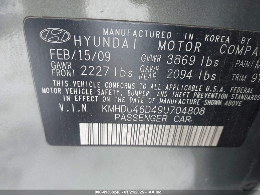 2009 Hyundai Elantra Se VIN: KMHDU46D49U704808 Lot: 41368248