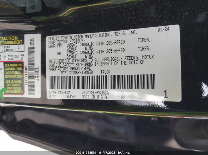 2024 TOYOTA TUNDRA VIN: 5TFLA5DB6RX170838
