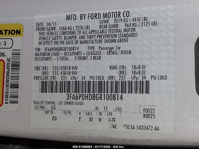 VIN 3FA6P0HD8GR100814 2016 Ford Fusion, SE no.9