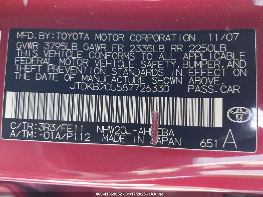 2008 Toyota Prius VIN: JTDKB20U587726330 Lot: 41369052