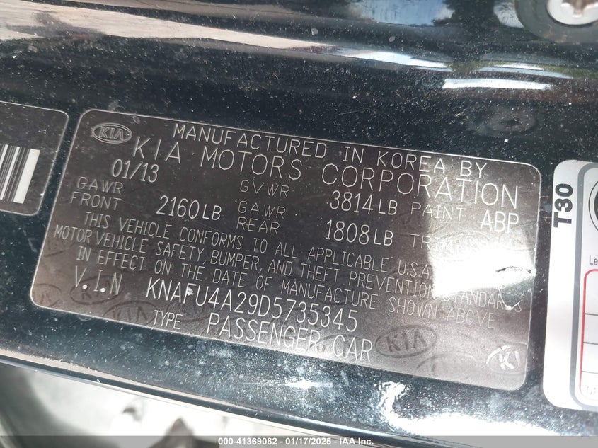2013 KIA FORTE VIN: KNAFU4A29D5735345