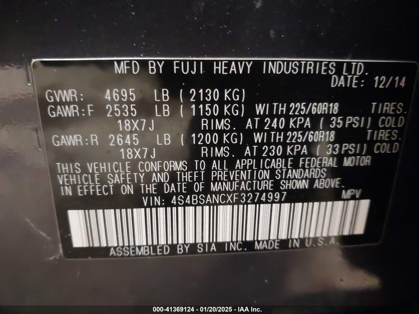 2015 SUBARU OUTBACK 2.5I LIMITED - 4S4BSANCXF3274997