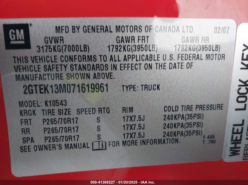 2007 GMC Sierra 1500 Sle2 VIN: 2GTEK13M071619961 Lot: 41369227