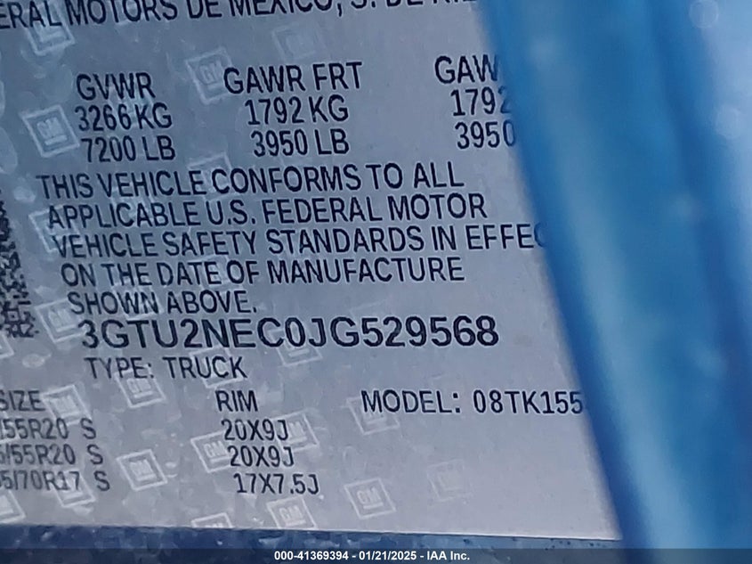 2018 GMC SIERRA 1500 VIN: 3GTU2NEC0JG529568