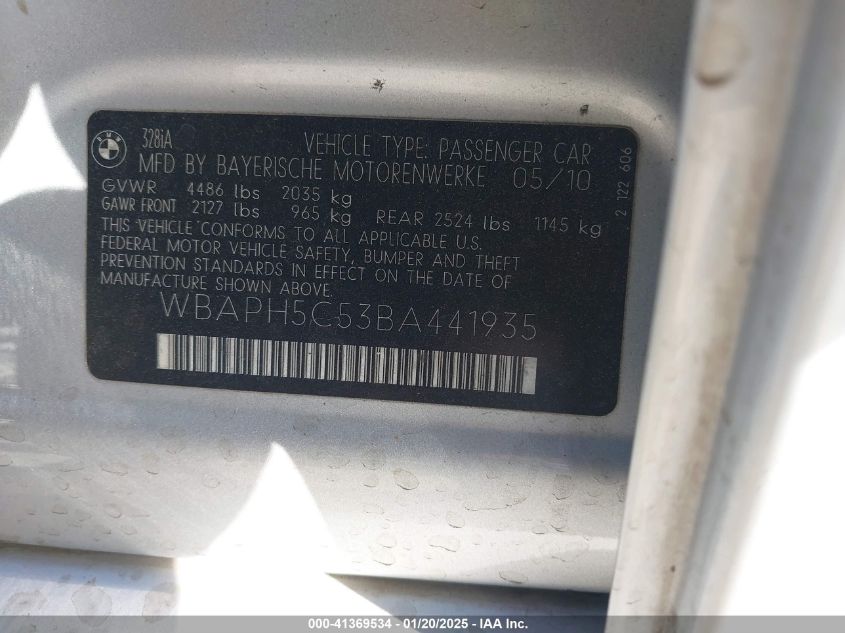2011 BMW 328I VIN: WBAPH5C53BA441935 Lot: 41369534