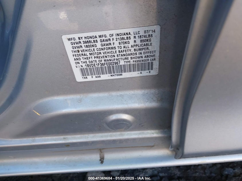 2015 ACURA ILX VIN: 19VDE1F36FE002967