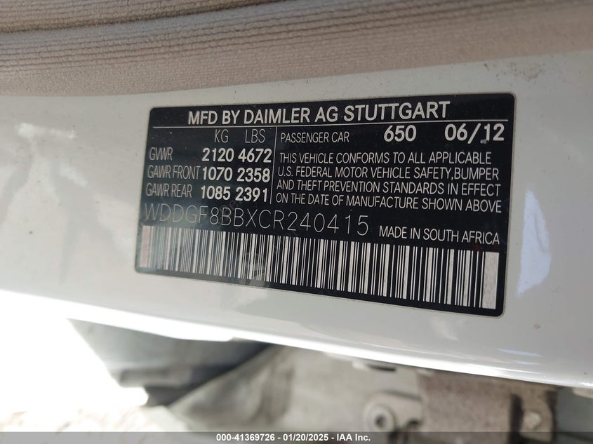 2012 MERCEDES-BENZ C 300 VIN: WDDGF8BBXCR240415