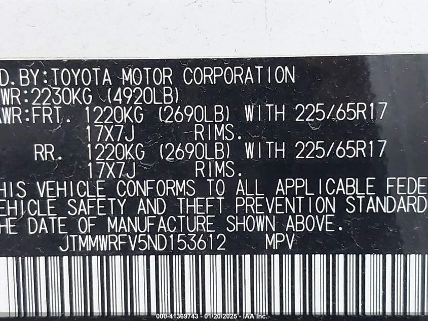 VIN JTMMWRFV5ND153612 2022 TOYOTA RAV4 HYBRID no.9