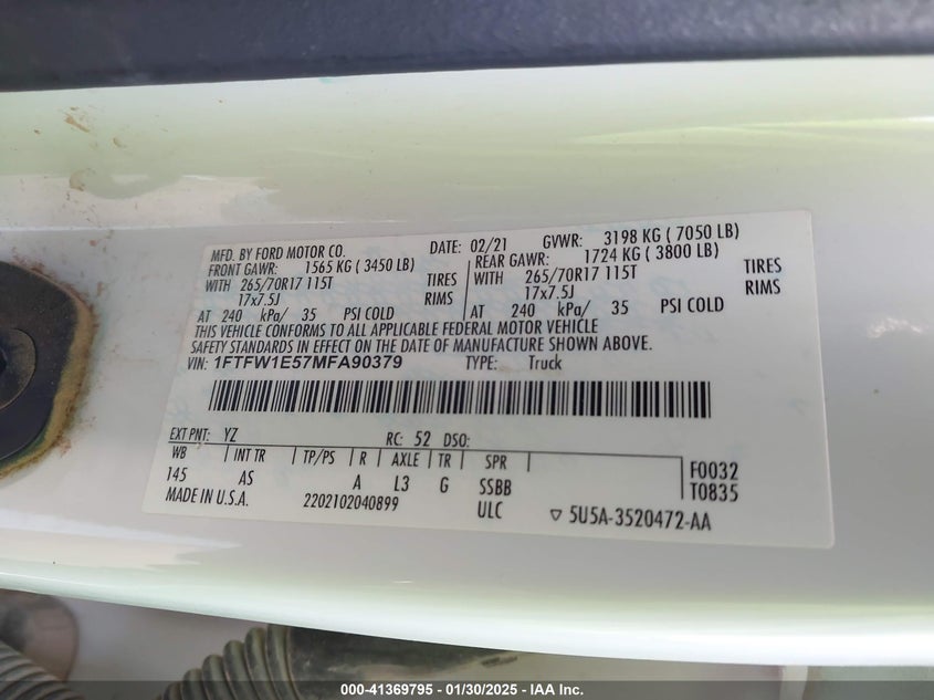 2021 FORD F150 VIN: 1FTFW1E57MFA90379