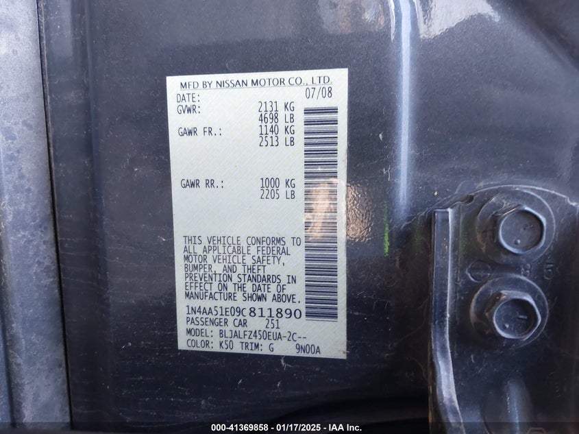 2009 NISSAN MAXIMA VIN: 1N4AA51E09C811890