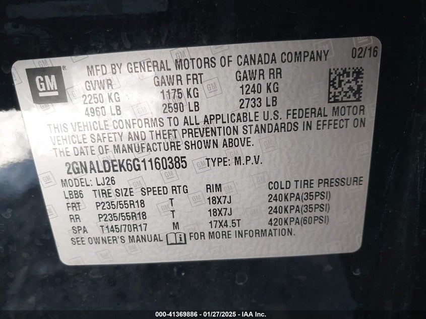 2016 CHEVROLET EQUINOX VIN: 2GNALDEK6G1160385