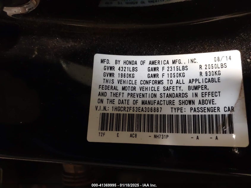 2014 HONDA ACCORD VIN: 1HGCR2F53EA306887