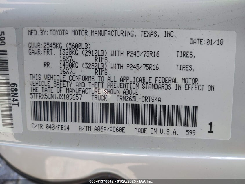 2018 TOYOTA TACOMA SR - 5TFRX5GN1JX109657