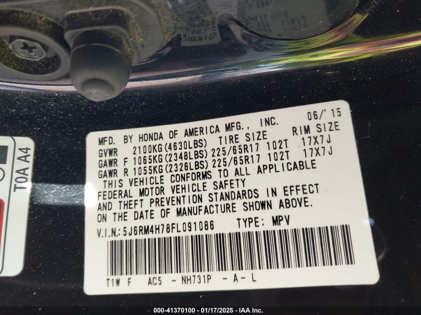 2015 HONDA CR-V EX-L - 5J6RM4H78FL091086