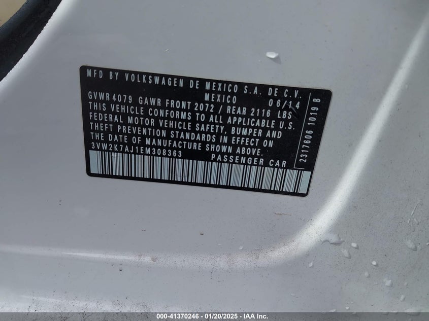 2014 VOLKSWAGEN JETTA VIN: 3VW2K7AJ1EM308363