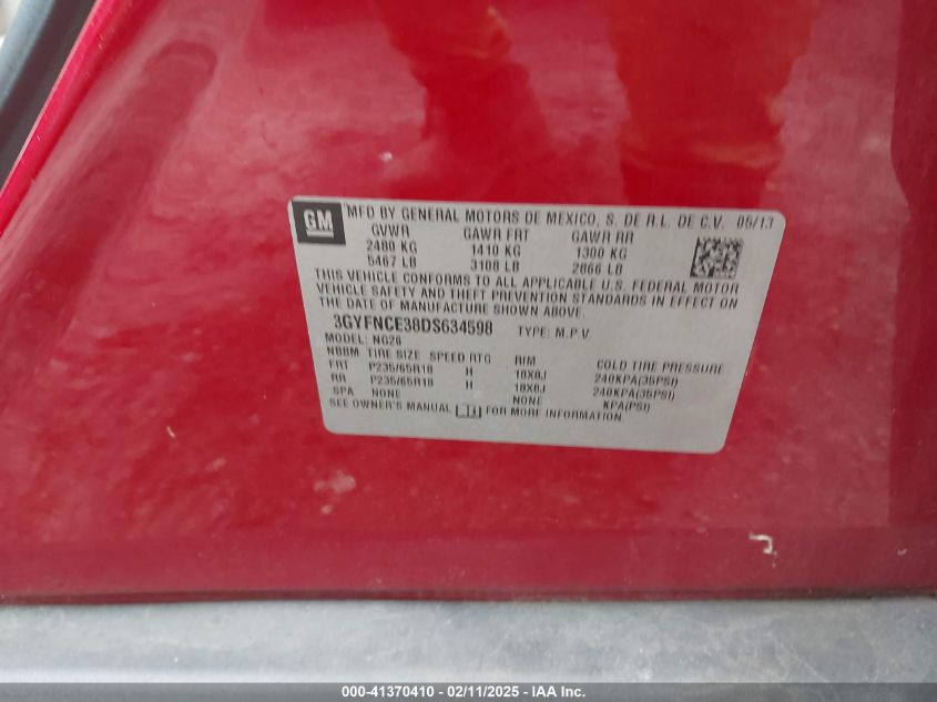 2013 Cadillac Srx Luxury Collection VIN: 3GYFNCE38DS634598 Lot: 41370410