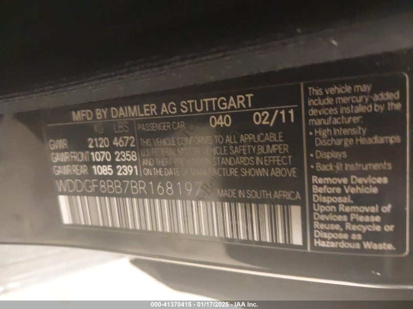 2011 MERCEDES-BENZ C 300 VIN: WDDGF8BB7BR168197