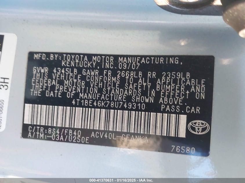 2008 Toyota Camry Le VIN: 4T1BE46K78U749310 Lot: 41370631