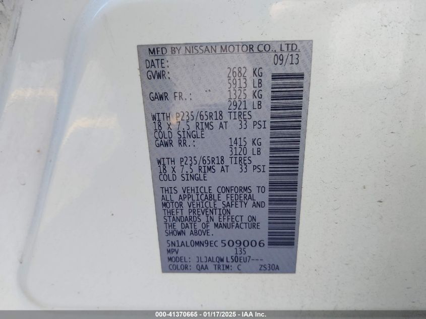 2014 Infiniti Qx60 VIN: 5N1AL0MN9EC509006 Lot: 41370665