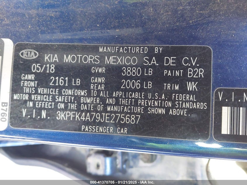 2018 KIA FORTE VIN: 3KPFK4A79JE275687