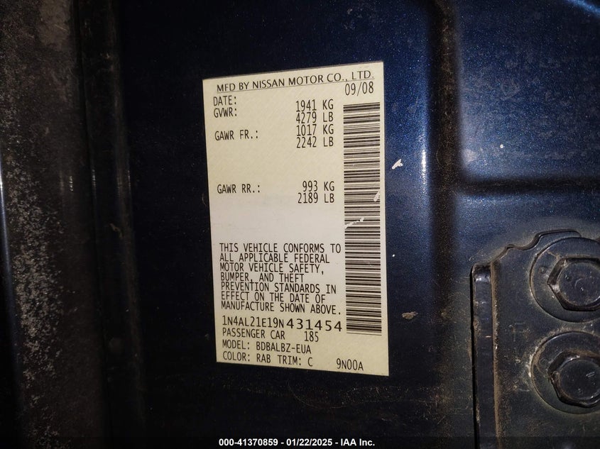2009 NISSAN ALTIMA VIN: 1N4AL21E19N431454