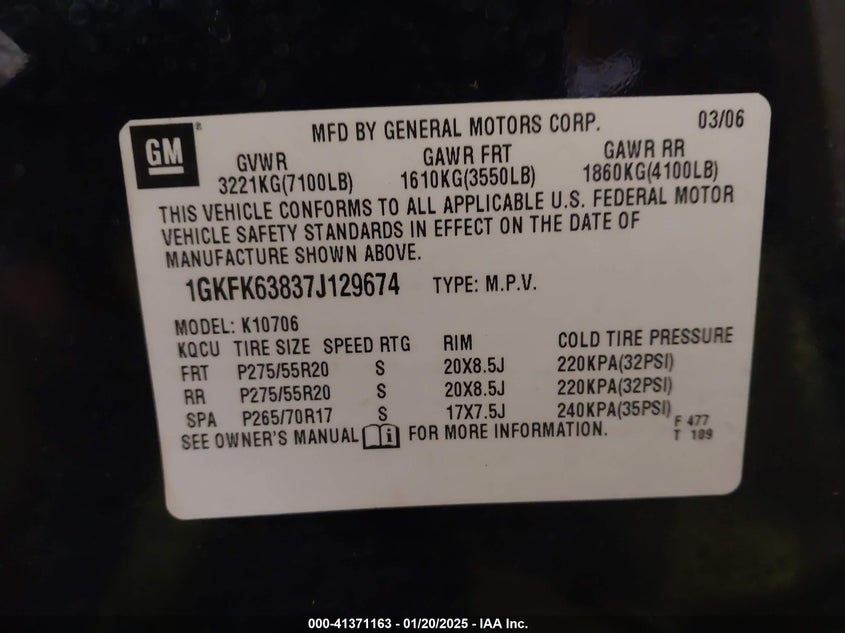 2007 GMC YUKON VIN: 1GKFK63837J129674