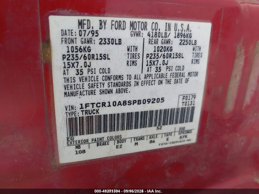 1995 Ford Ranger VIN: 1FTCR10A8SPB09205 Lot: 41371304