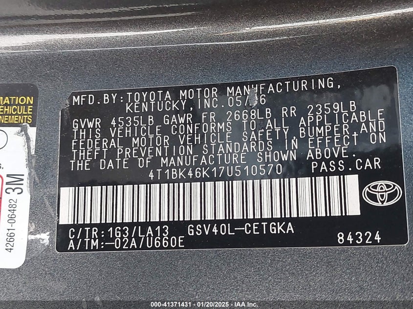 2007 TOYOTA CAMRY VIN: 4T1BK46K17U510570