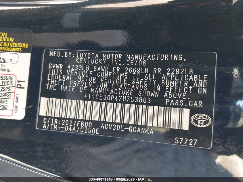 2007 TOYOTA CAMRY SOLARA VIN: 4T1CE30P47U753803