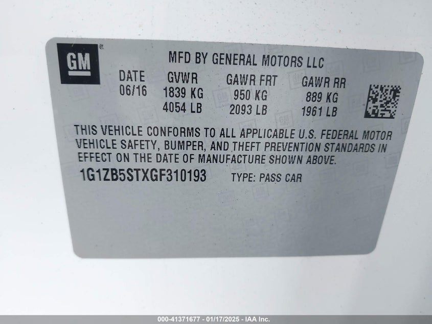 2016 CHEVROLET MALIBU VIN: 1G1ZB5STXGF310193