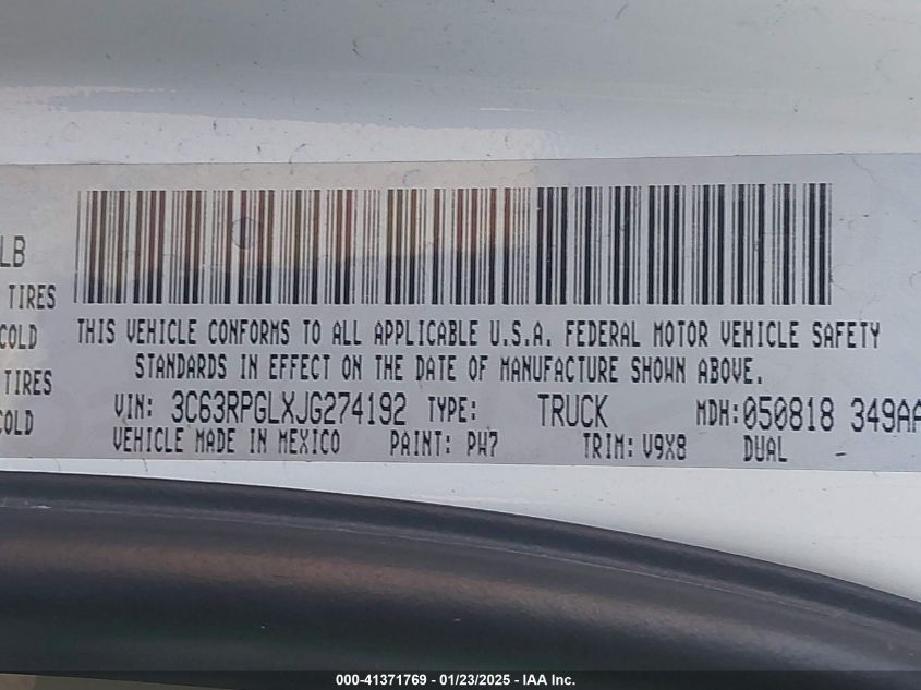 2018 Ram 3500 Tradesman 4X2 8' Box VIN: 3C63RPGLXJ0U74192 Lot: 41371769
