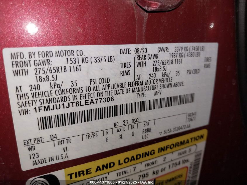 2020 Ford Expedition Xlt VIN: 1FMJU1JT8LEA77306 Lot: 41371805