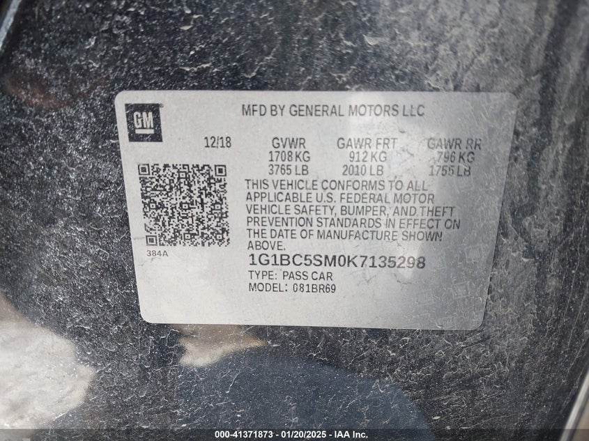 2019 CHEVROLET CRUZE VIN: 1G1BC5SM0K7135298