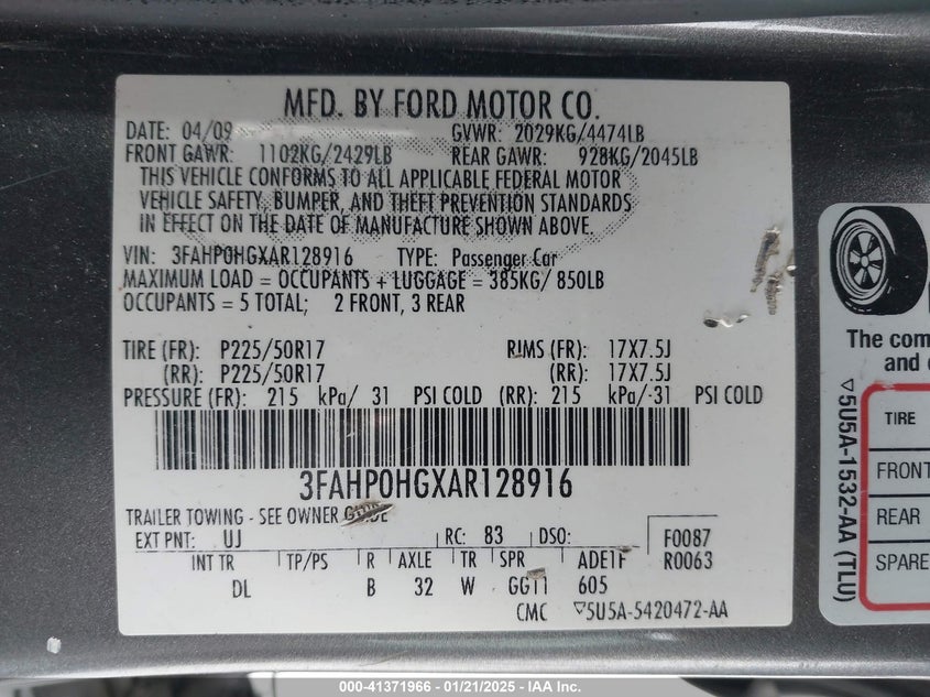 2010 FORD FUSION VIN: 3FAHP0HGXAR128916