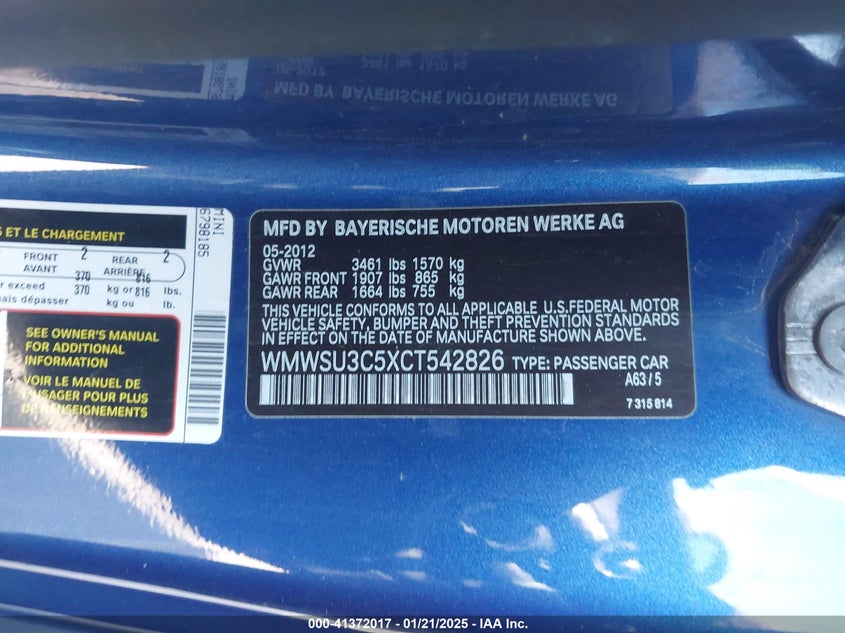 2012 MINI COOPER VIN: WMWSU3C5XCT542826