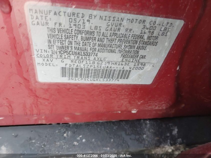 2019 Nissan Kicks Sv VIN: 3N1CP5CU6KL533774 Lot: 41372066