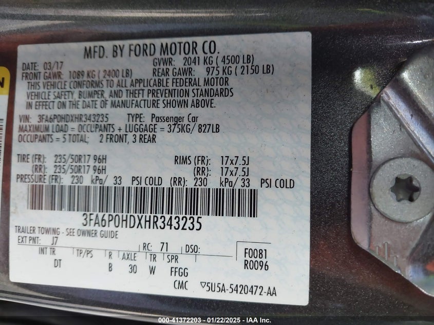 2017 FORD FUSION VIN: 3FA6P0HDXHR343235